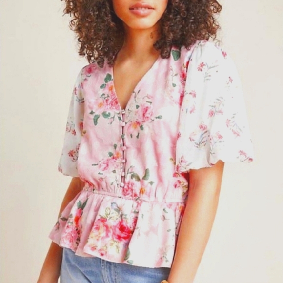 HEMANT & NANDITA Tops - Anthropologie HEMANT & NANDITA Pink Embroidered Rose Garden Peplum Blouse.Small